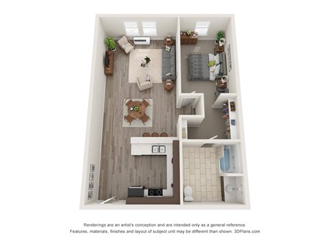 Floor plan for 1 bed, 1 bath, 610 sqft